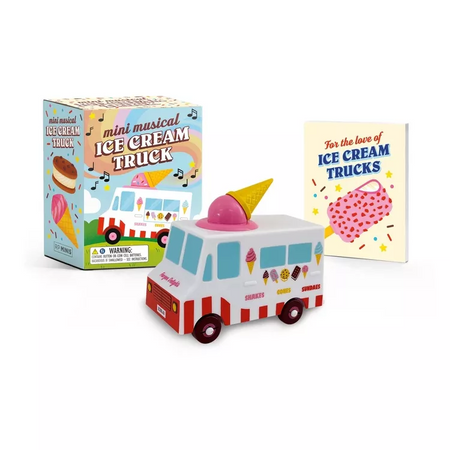 Mini musical ice cream truck toy with packaging and a card on a white background