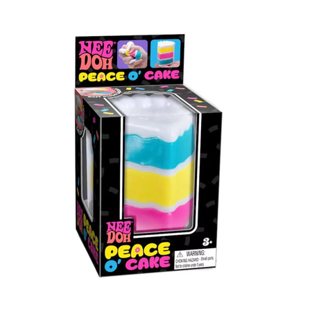 Packaged toy with colorful layers and 'Nee Doh Peace O' Cake' branding on a white background
