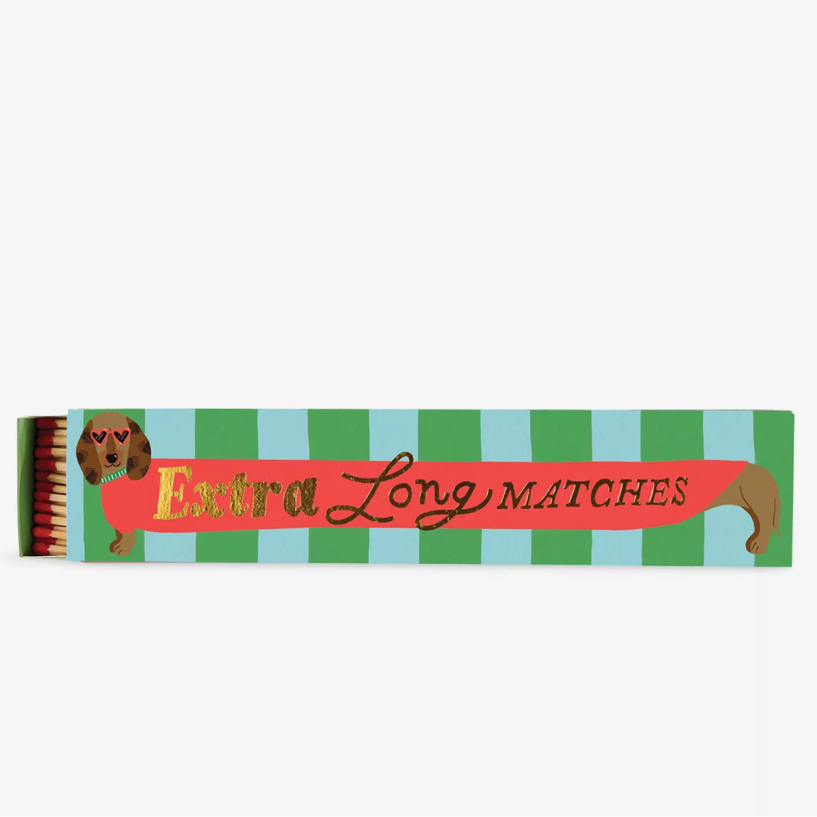A packaged novelty matchbox-style item labeled 'Extra Long MATCHES' with a green and light blue striped design, a coral-red banner, and small dog illustrations on a plain white background.
