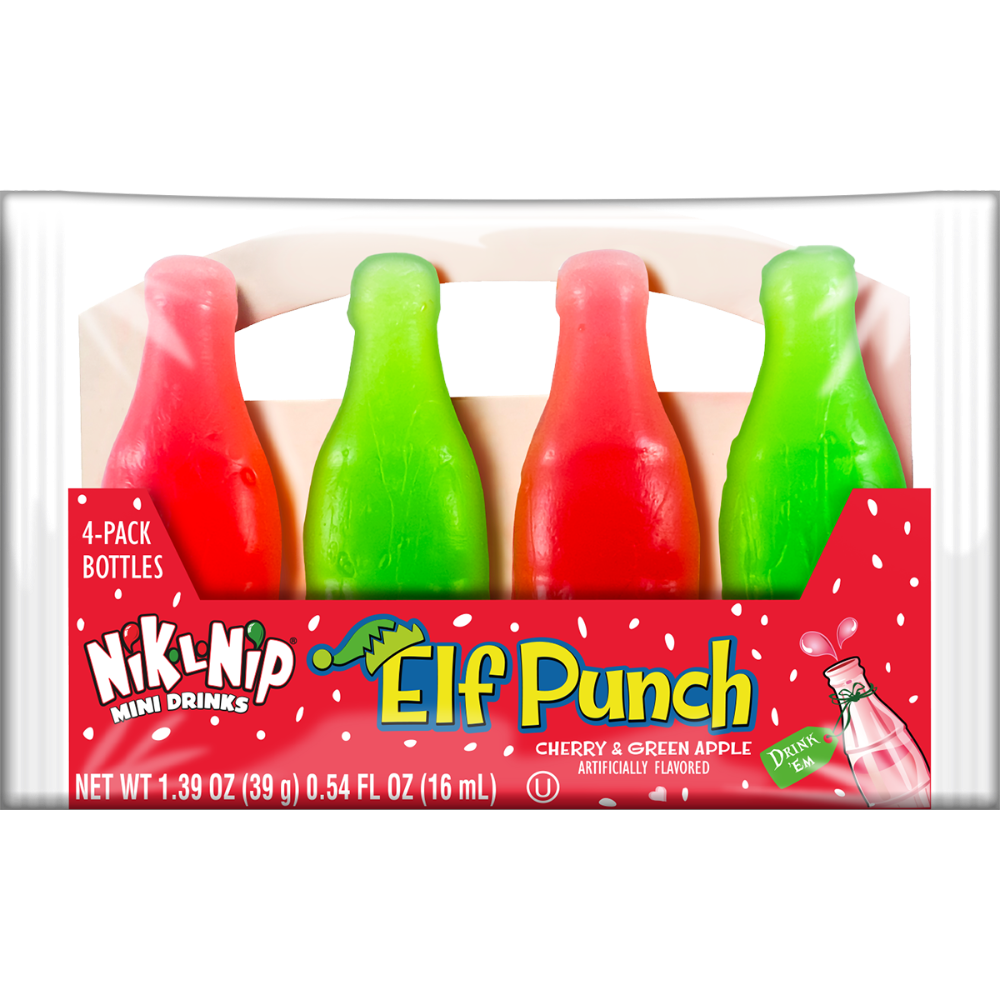 nik-l-nip candy in red and green. packaged as elf punch
