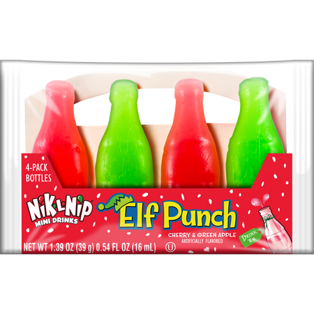 nik-l-nip candy in red and green. packaged as elf punch