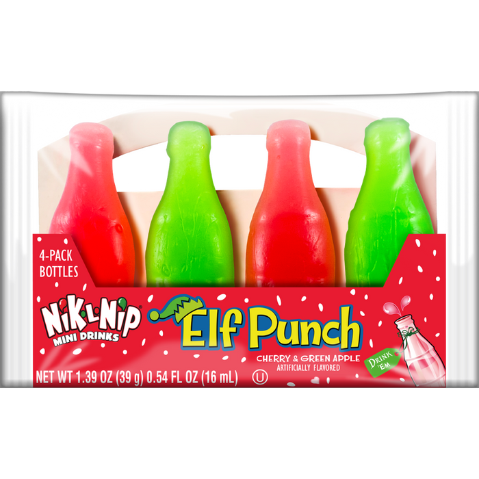 nik-l-nip candy in red and green. packaged as elf punch