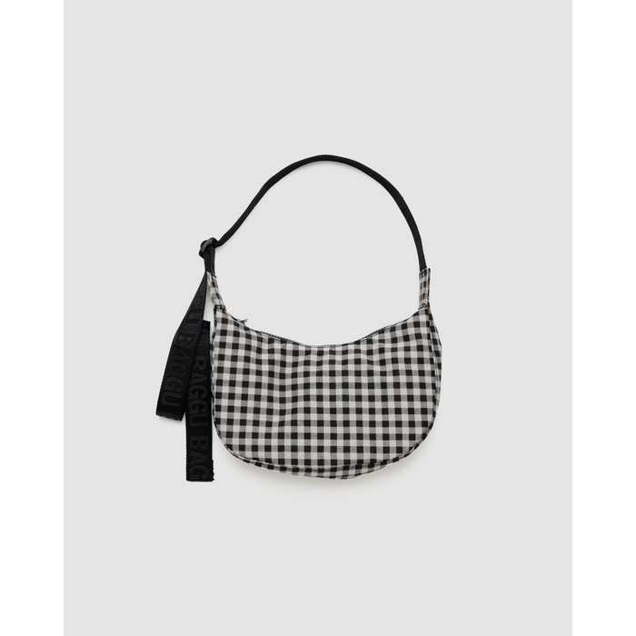 Small Nylon Crescent Bag- Black+ White Gingham