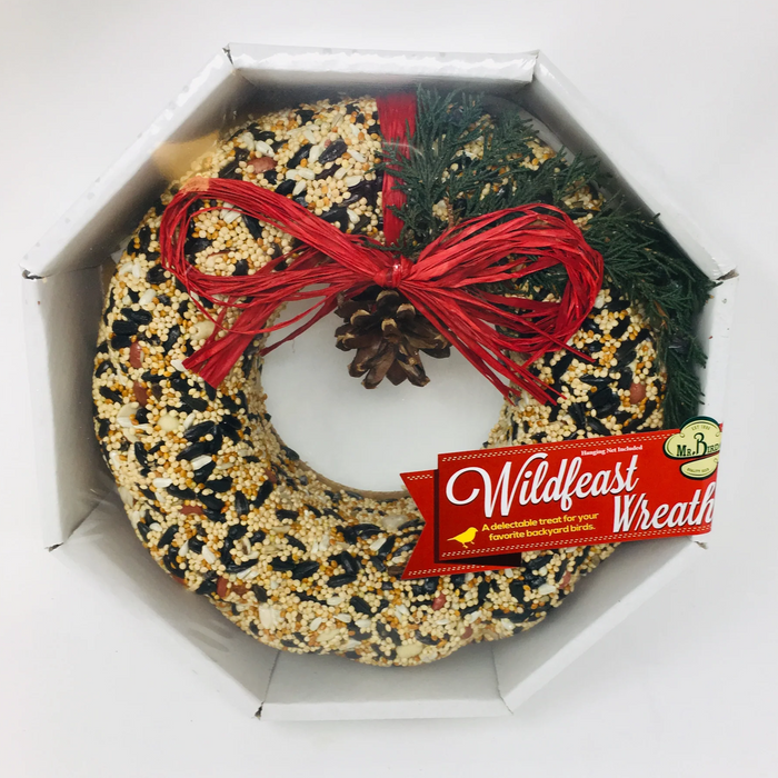 A solid seed, nut, and fruit wreath presented in a shrink-wrapped tray with a red ribbon bow and pine cones. The wreath is adorned with a red bow and green pine cones.