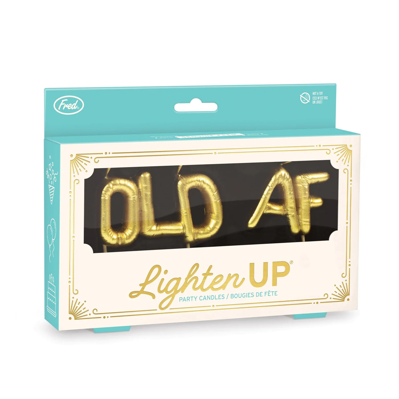 Box of 'OLD AF' light-up party candles with teal and white design.