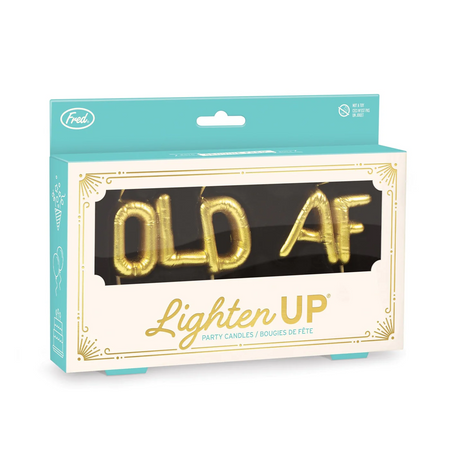 Box of 'OLD AF' light-up party candles with teal and white design.