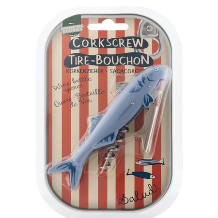 Blue fish-shaped corkscrew on a striped packaging background