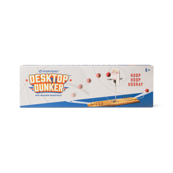 Box of Desktop Dunker mini wooden basketball game on a white background