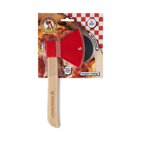 Pizza cutter with red blade and wooden handle in packaging on a white background