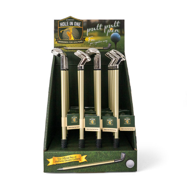 Display of putt putt pens with packaging on a white background