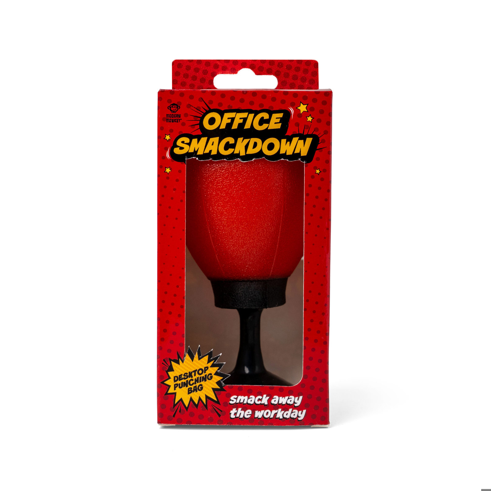 An office desk punching bag toy in a red retail packaging labeled 'OFFICE SMACKDOWN'.