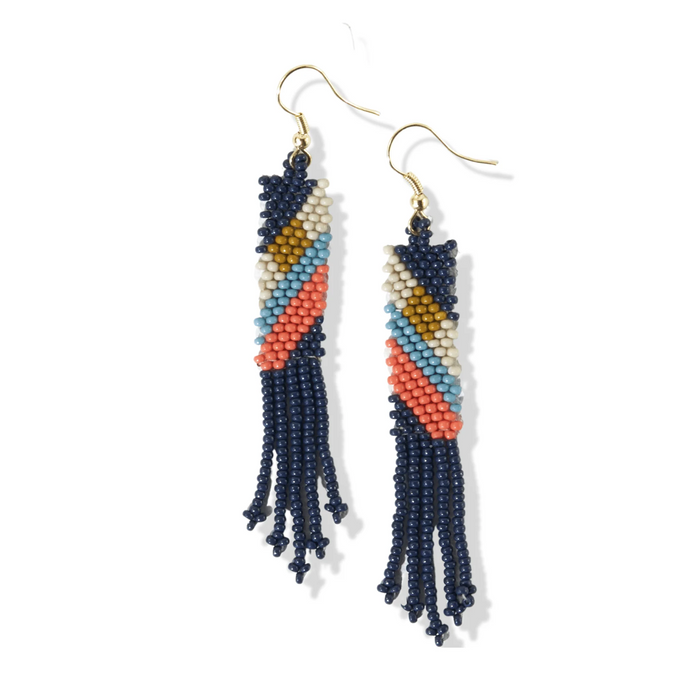 Emma Angles Beaded Fringe Earrings- Navy