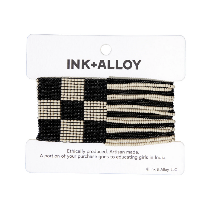 Olive Checkered Beaded Stretch Bracelet-Black