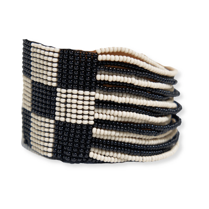 Olive Checkered Beaded Stretch Bracelet-Black
