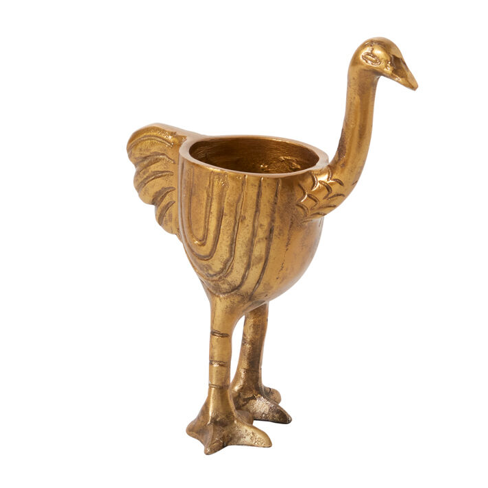 Gold ostrich-shaped planter on a white background