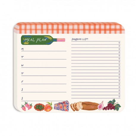 Meal plan and shopping list notepad with colorful illustrations of food items on a white background.