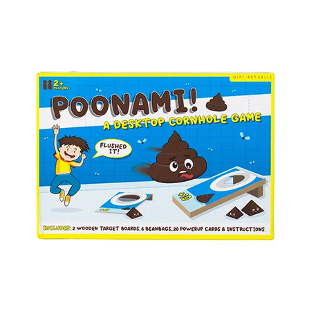 Box for 'Poonami!' a desktop cornhole game with cartoon characters and text.