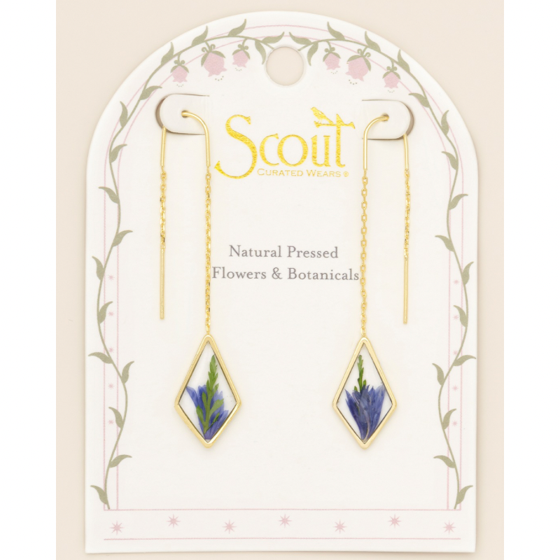 Jewelry card with Scout earrings featuring natural pressed flowers on a decorative background