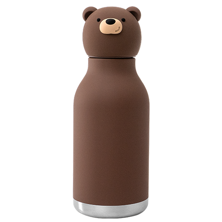 A brown insulated water bottle shaped like a bear, with a matching bear-shaped lid, photographed on a clean white background.