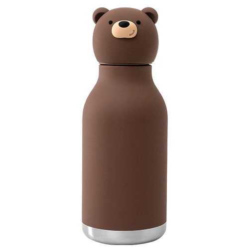 A brown insulated water bottle shaped like a bear, with a matching bear-shaped lid, photographed on a clean white background.