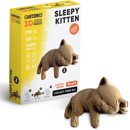 Sleepy Kitten 3D puzzle packaging with a cardboard cat model on a white background