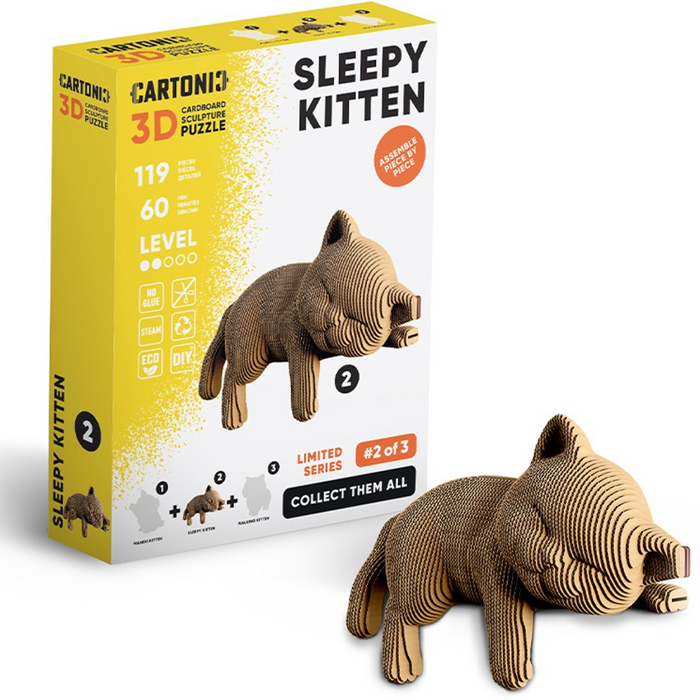 Sleepy Kitten 3D puzzle packaging with a cardboard cat model on a white background