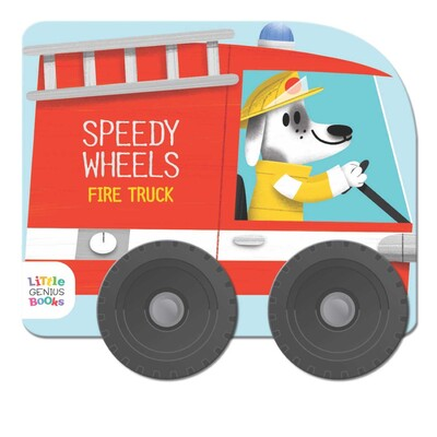 Children's book cover of a fire truck with a dog driver, titled 'Speedy Wheels Fire Truck', by Little Genius Books.