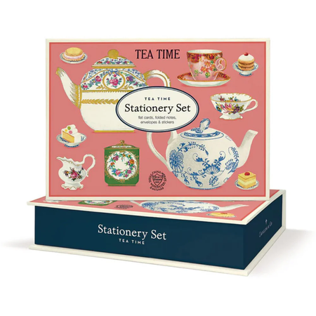 Tea time stationery set packaging with illustrations of teapots and tea cups on a pink background.