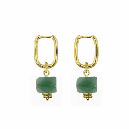 Gold hoop earrings with green gemstones on a white background