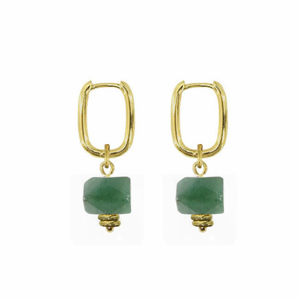 Gold hoop earrings with green gemstones on a white background