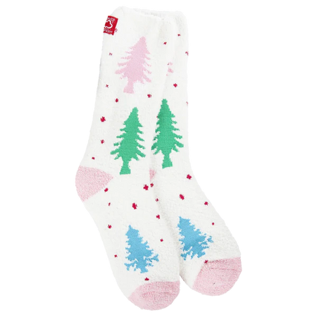 White socks with green and blue trees and pink accents on a white background