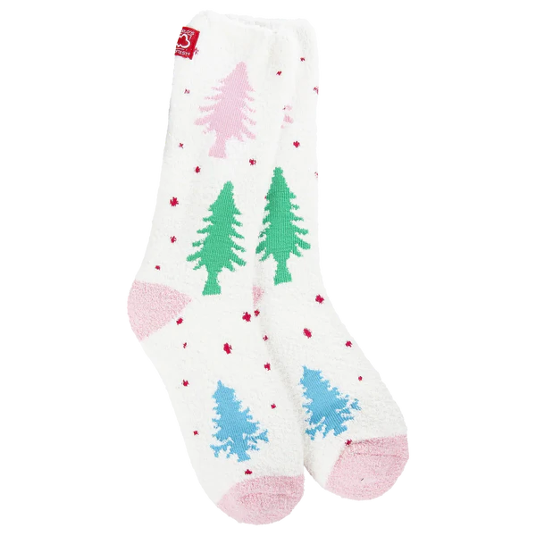 White socks with green and blue trees and pink accents on a white background