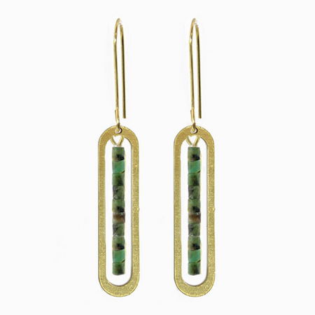 Gold earrings with green stone inlays on a white background