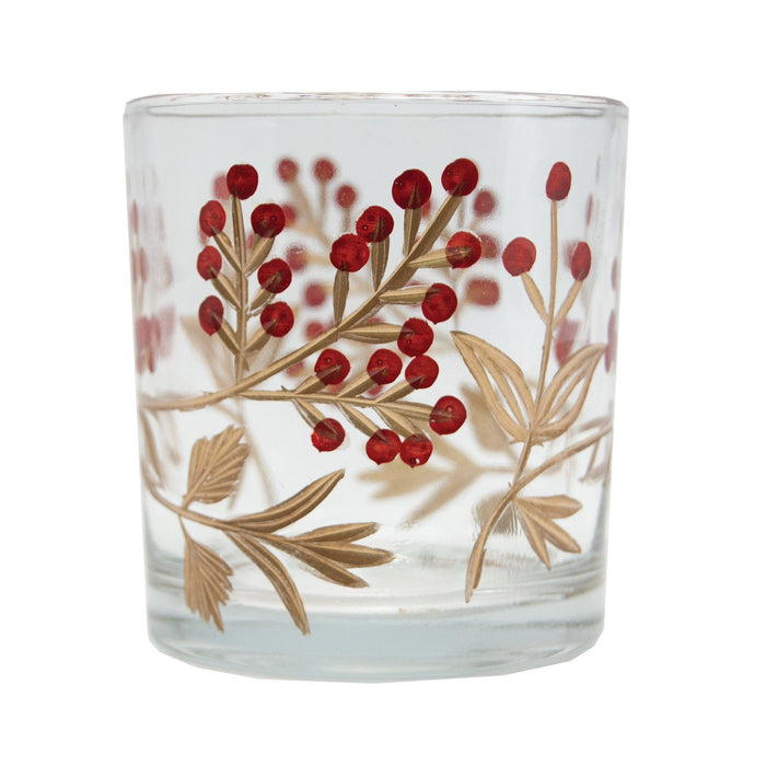 Hand-Painted Etched Glass Tealight/Votive Holder with Berry Design