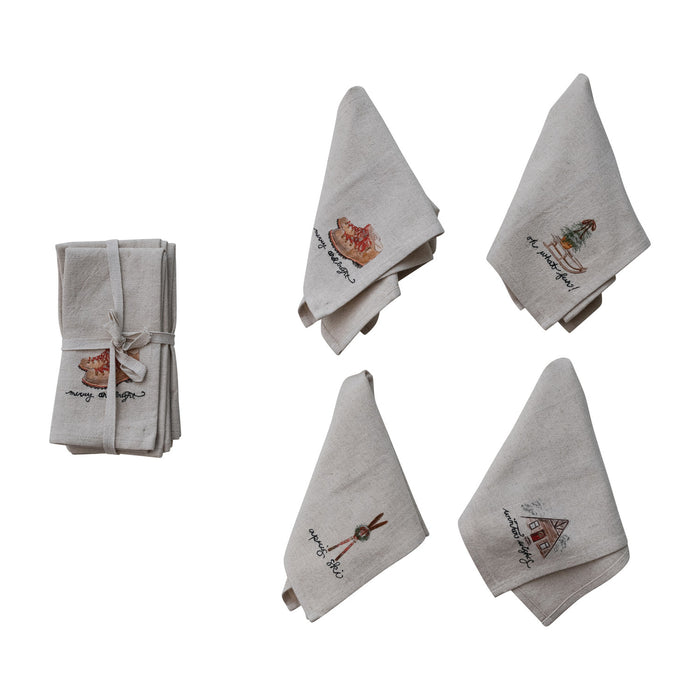 Napkins with Embroidery & Holiday Saying, Set of 4 Tied with Tape ©