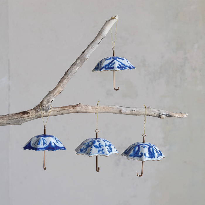 Hand-Painted Stoneware & Metal Umbrella Ornament with Pattern