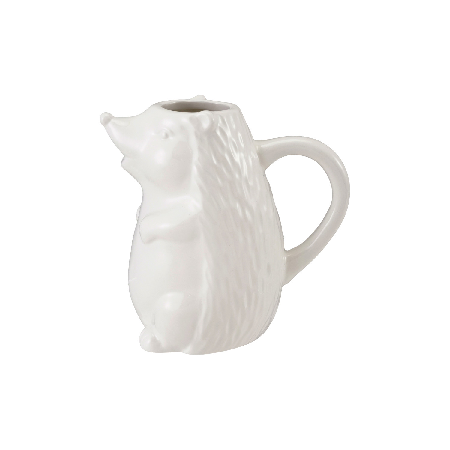 White ceramic pitcher shaped like a horse head on a white background