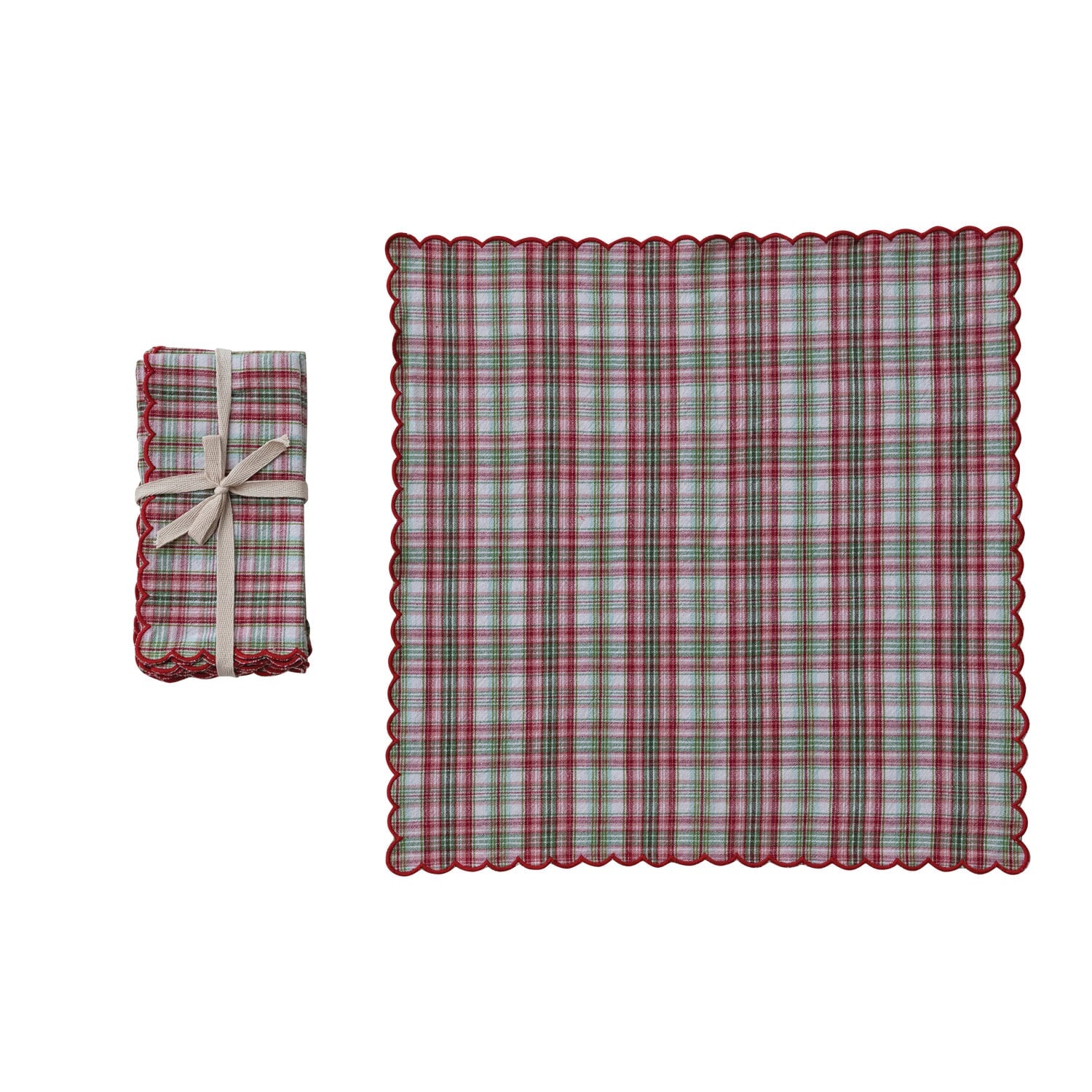 Woven Cotton Scalloped Napkins with Stitched Edges, Set of 4 Tied with Cotton Tape