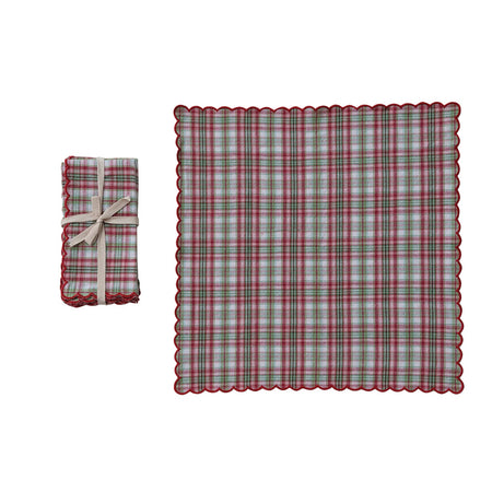 Woven Cotton Scalloped Napkins with Stitched Edges, Set of 4 Tied with Cotton Tape
