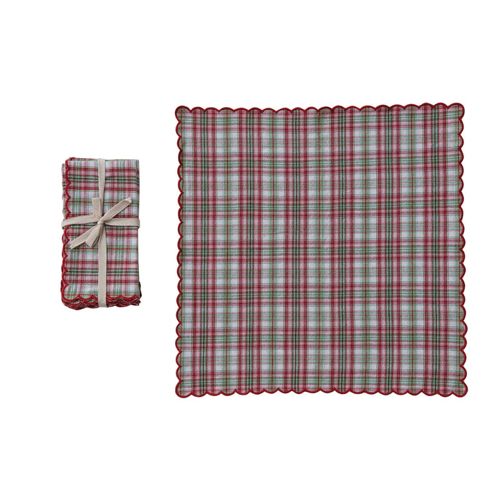 Woven Cotton Scalloped Napkins with Stitched Edges, Set of 4 Tied with Cotton Tape