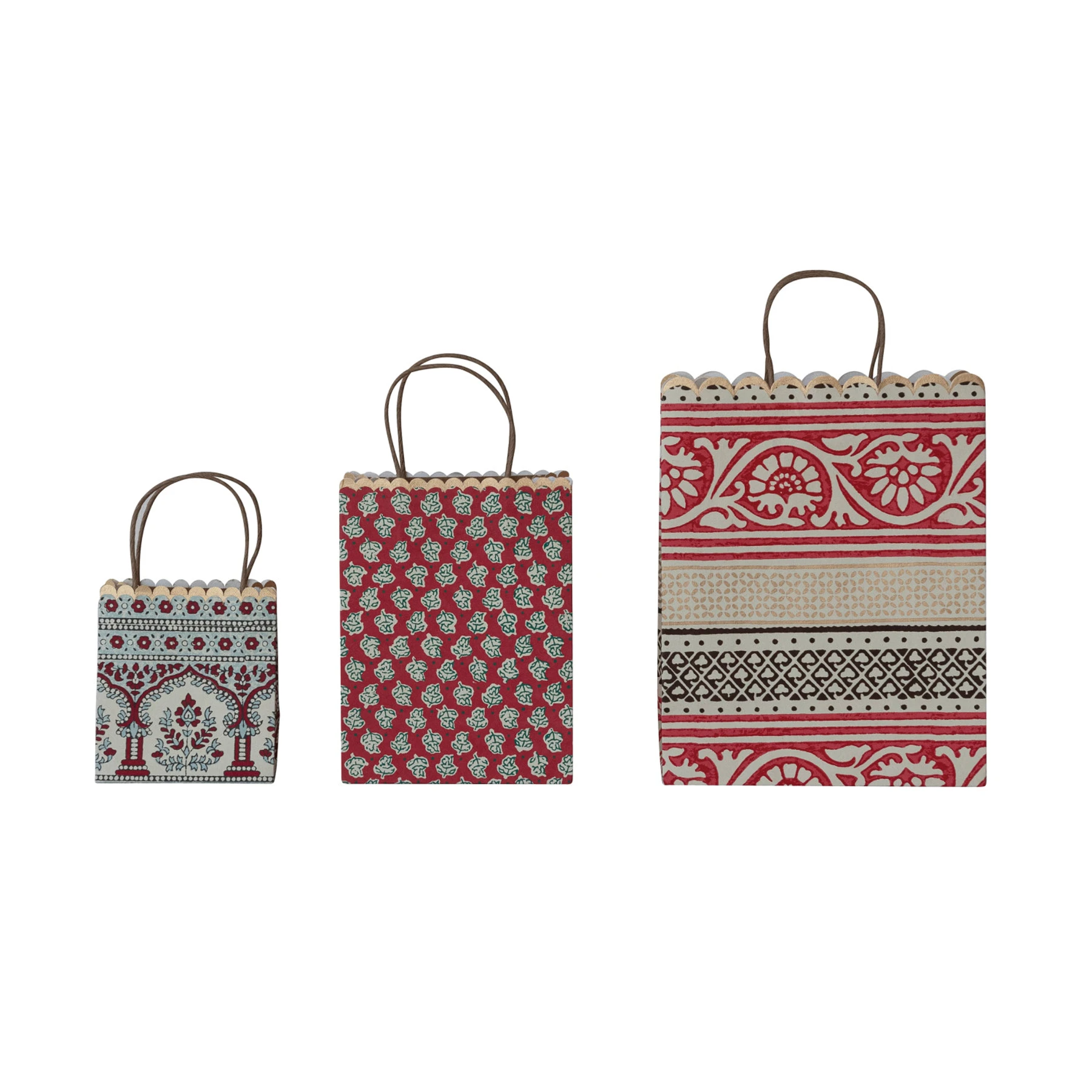 Three gift bags with a scalloped top edge and vintage green, red, and beige patterns.
