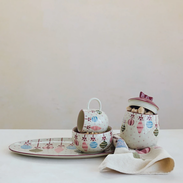 Hand-Painted Stoneware Platter with Wax Relief Ornaments & Dots
