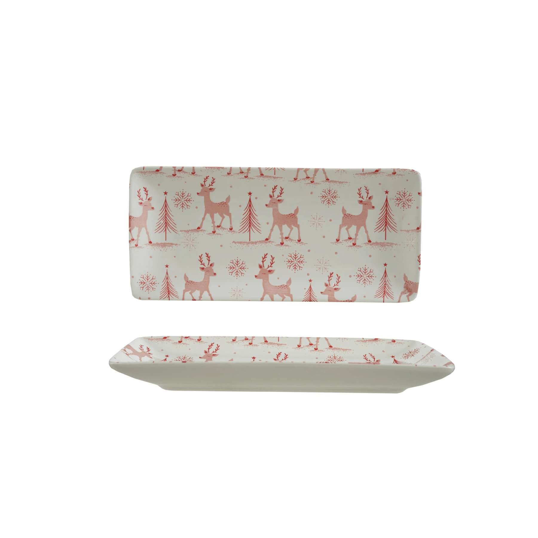 rectangle stoneware platter with pink trees, snowflakes and reindeers
