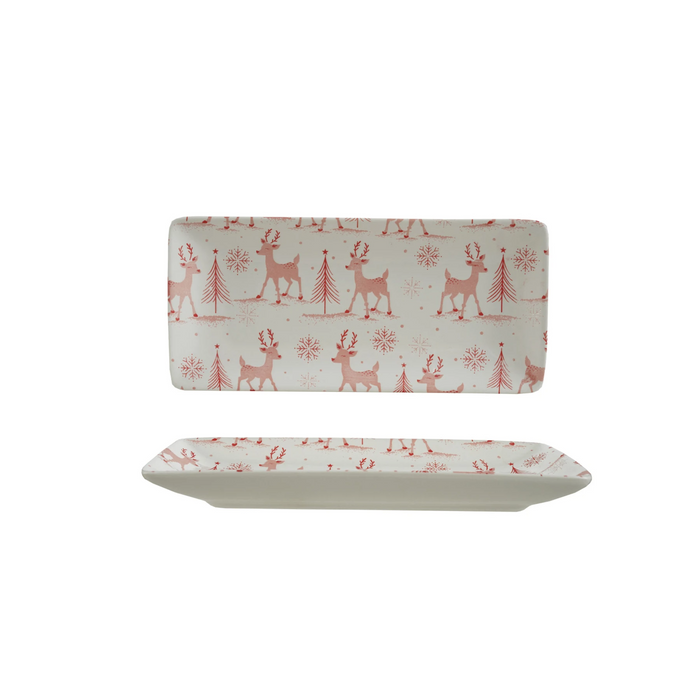 rectangle stoneware platter with pink trees, snowflakes and reindeers