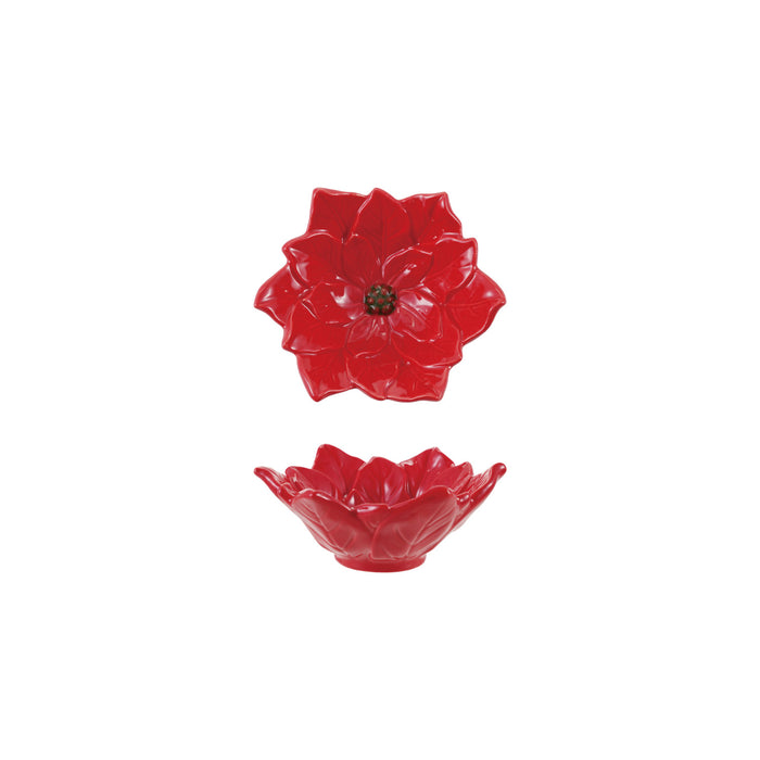 Hand-Painted Ceramic Poinsettia Shaped Dish, Red & Green