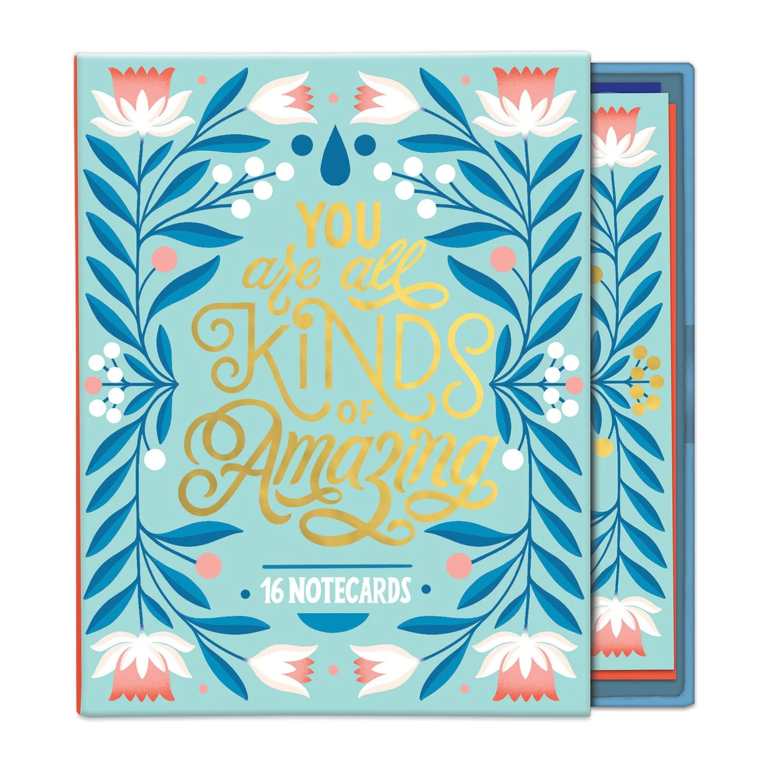 Notecard set with floral design and text 'You are all kinds of amazing' on a light blue background.
