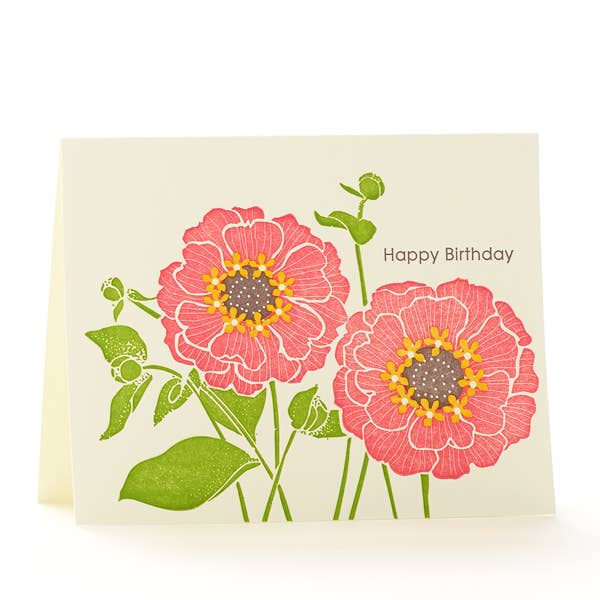 Pink Zinnias Happy Birthday Notecard