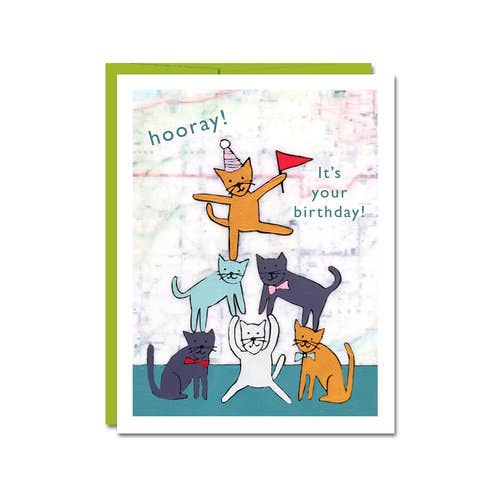 Card that says " Hooray! It's your birthday!" With cats on a white background