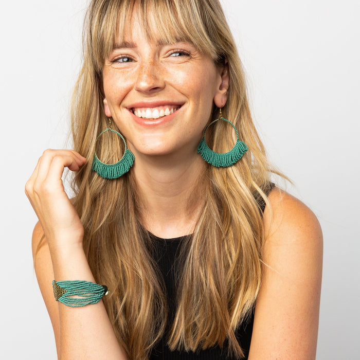 Teal Fringe Hoop Earrings