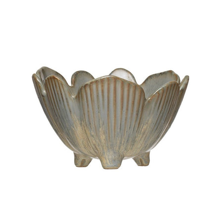 porcelain flower bowl with feet. Bluish grey color - each will vary